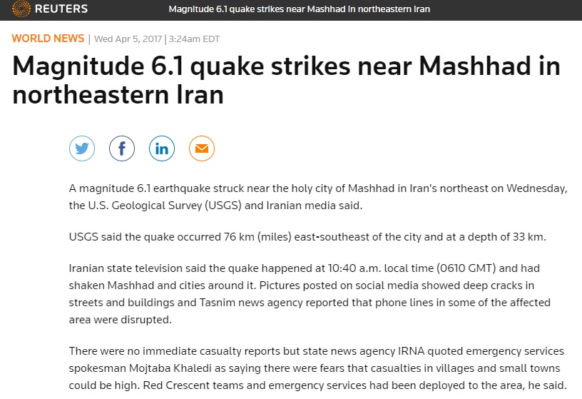 بازتاب زلزله ۶ریشتری مشهد در خبرگزاری رویترز